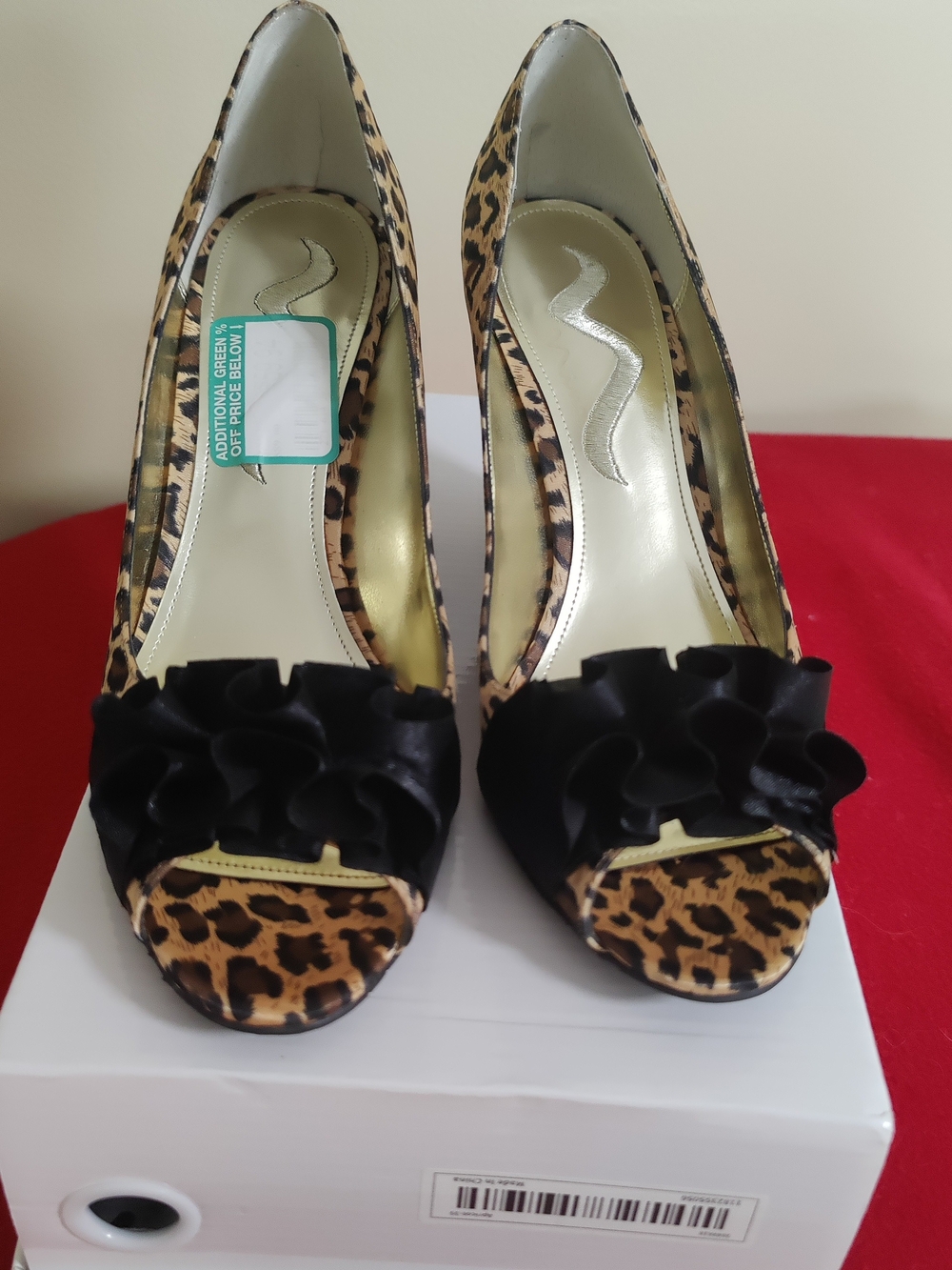 Nina Leopard Print satin dress, wedge heel, peep toe pump, US 8 M